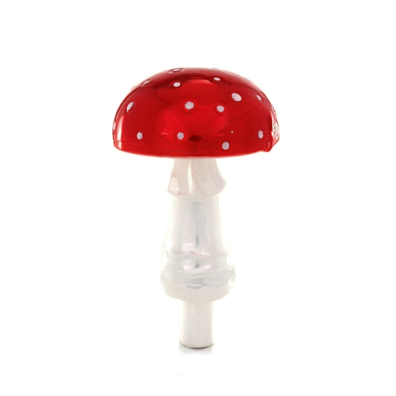 Mushroom-shaped object with a red cap and white stem on a white background