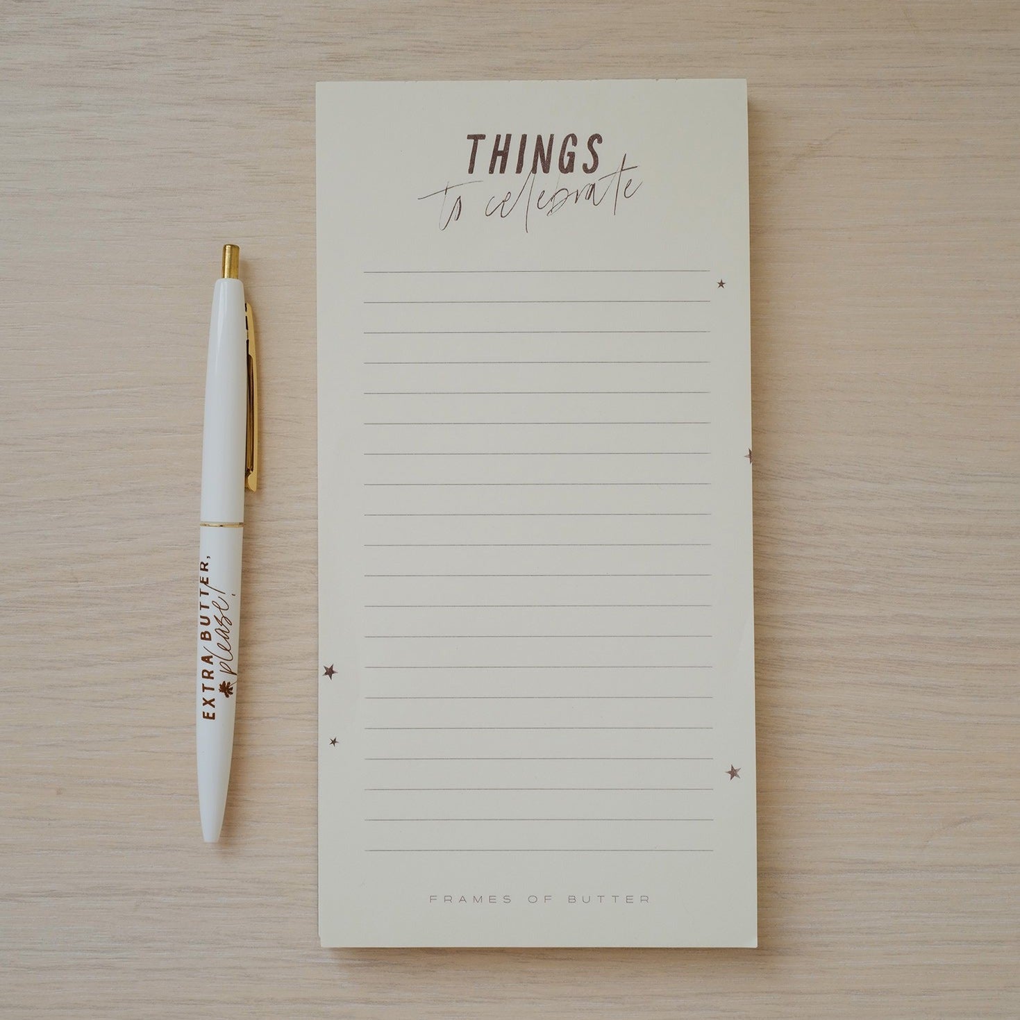 Things to celebrate Notepad + Extra Butter BIC Clic Gold Pen set