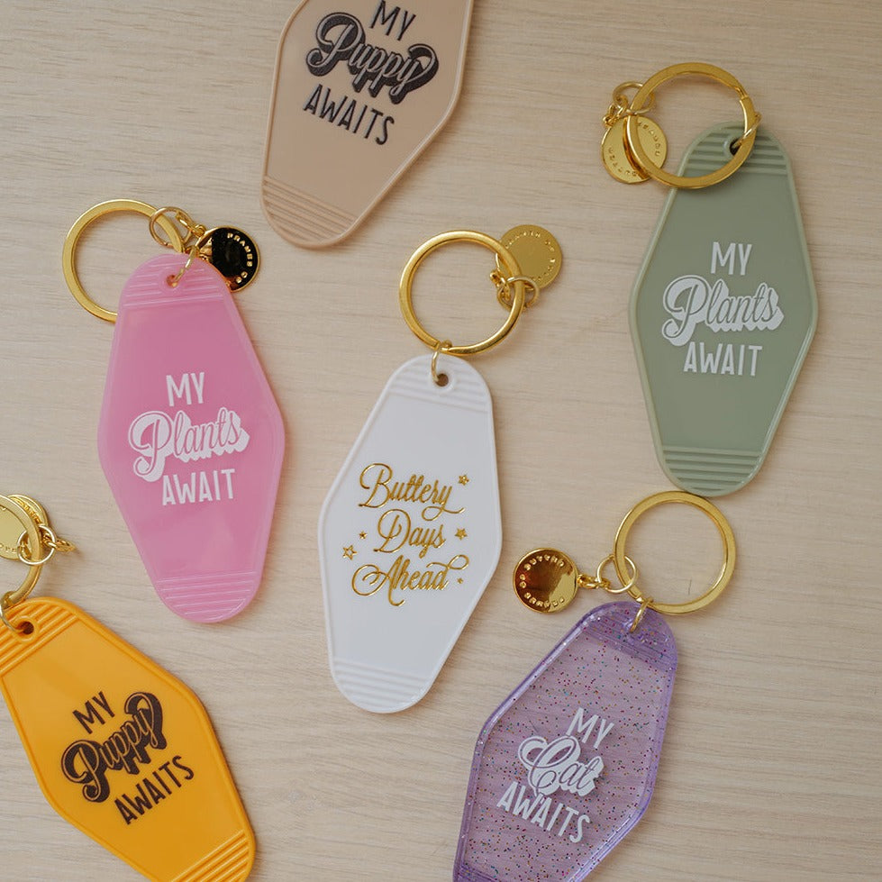 My Plants Await Motel Keychain