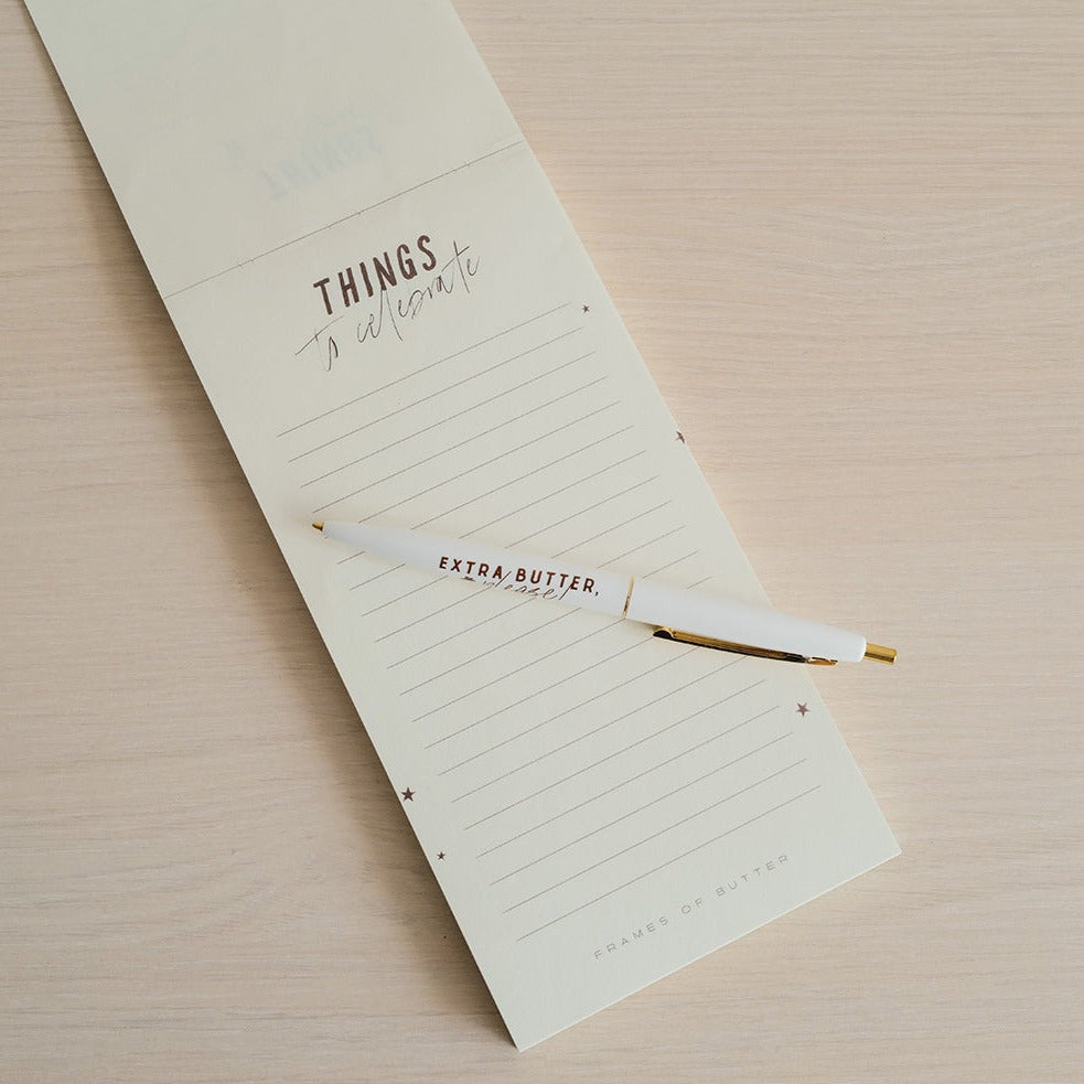 Things to celebrate Notepad + Extra Butter BIC Clic Gold Pen set