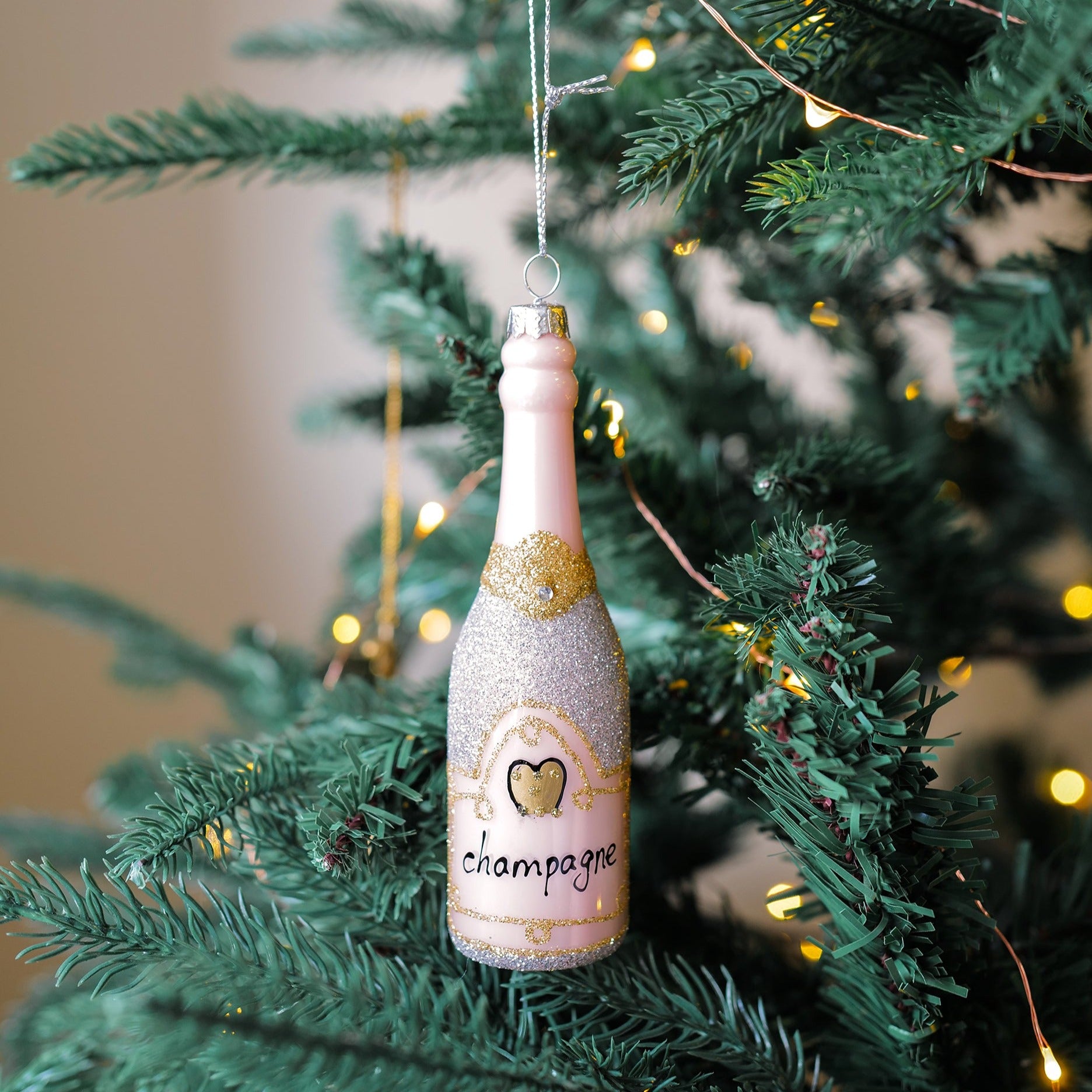 Silver Glittered Champagne Ornament