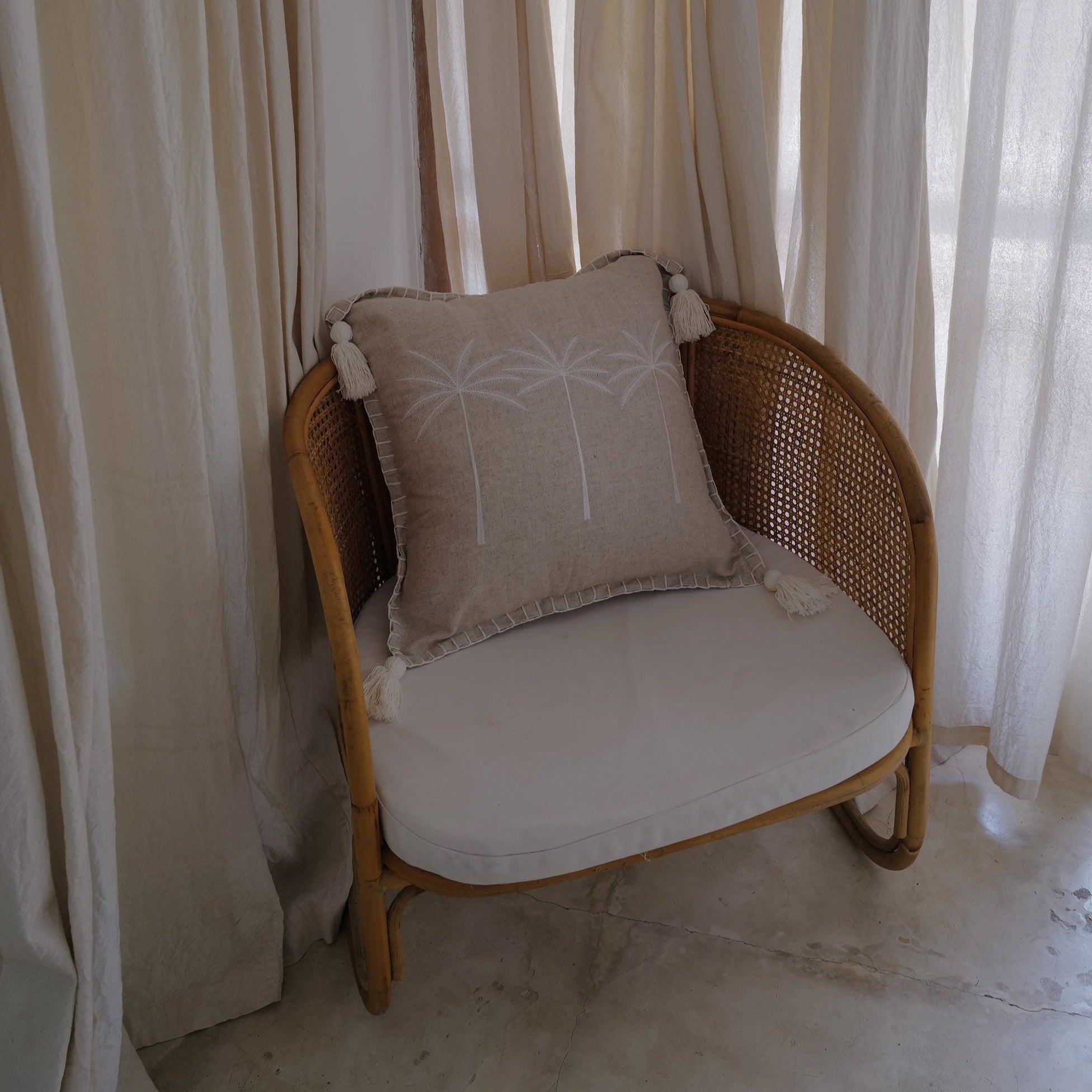 Beige Linen Palm Tree Embroidery Throw Pillow Cover