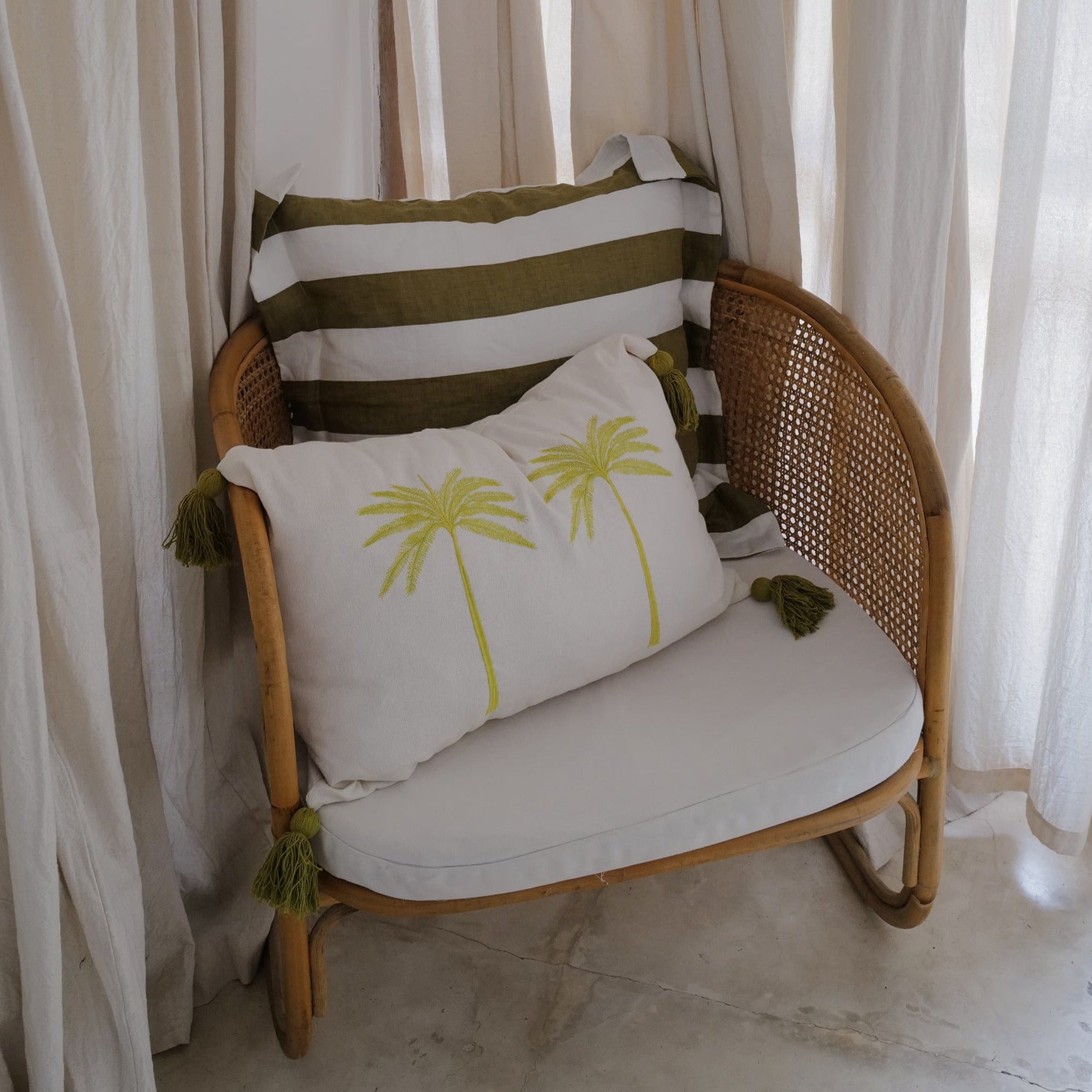 Chartreuse Linen Palm Tree Embroidery Throw Pillow Cover