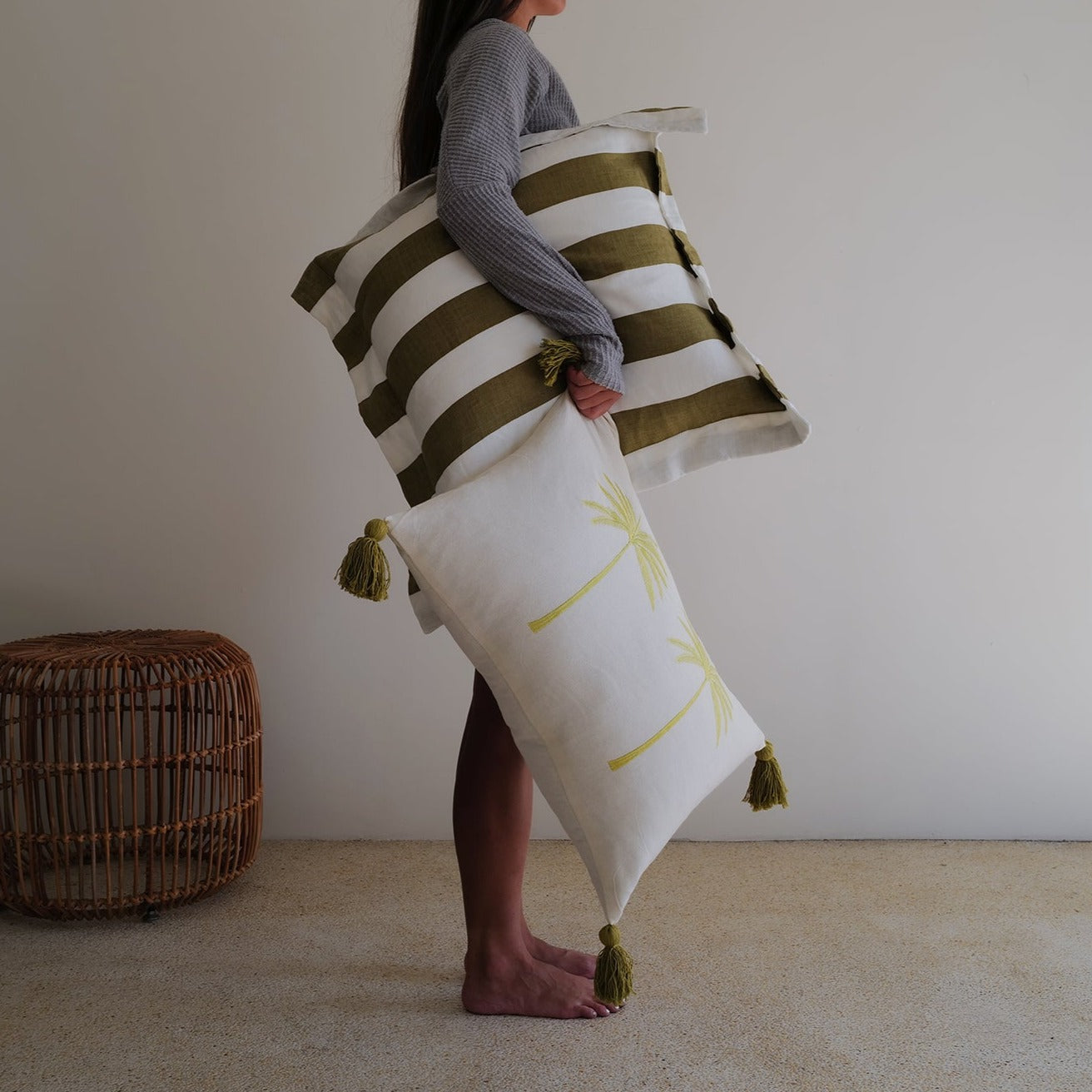 Chartreuse Linen Palm Tree Embroidery Throw Pillow Cover