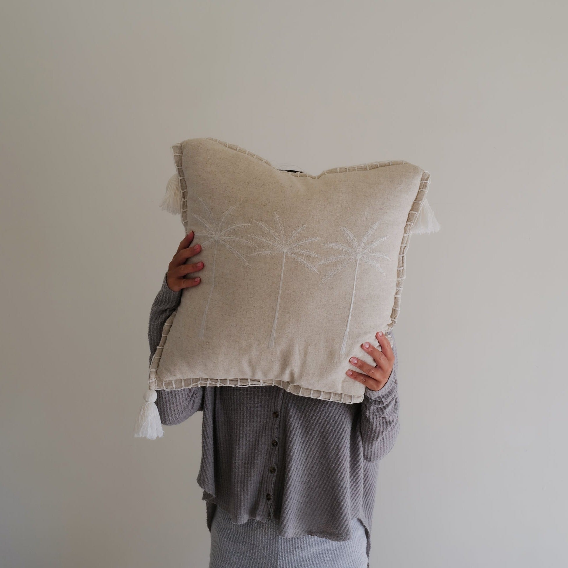 Beige Linen Palm Tree Embroidery Throw Pillow Cover