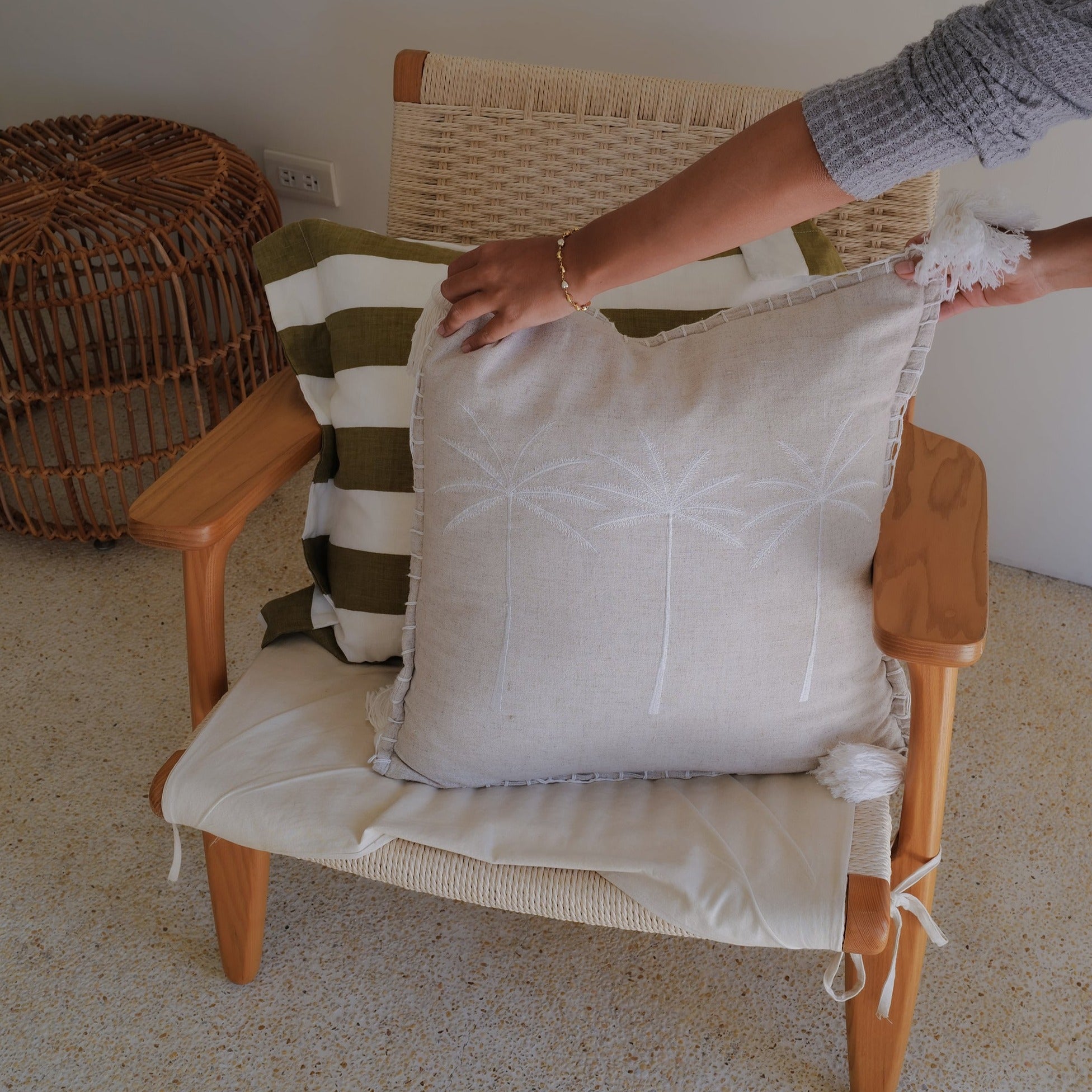 Beige Linen Palm Tree Embroidery Throw Pillow Cover