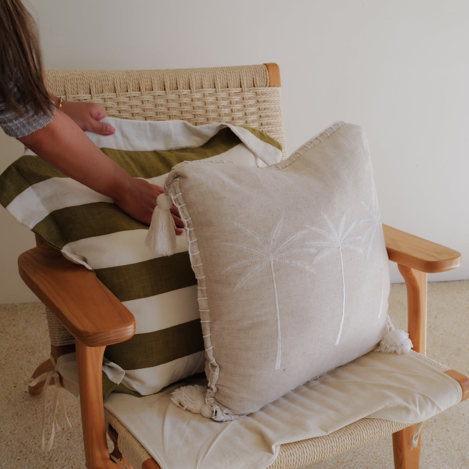 Beige Linen Palm Tree Embroidery Throw Pillow Cover