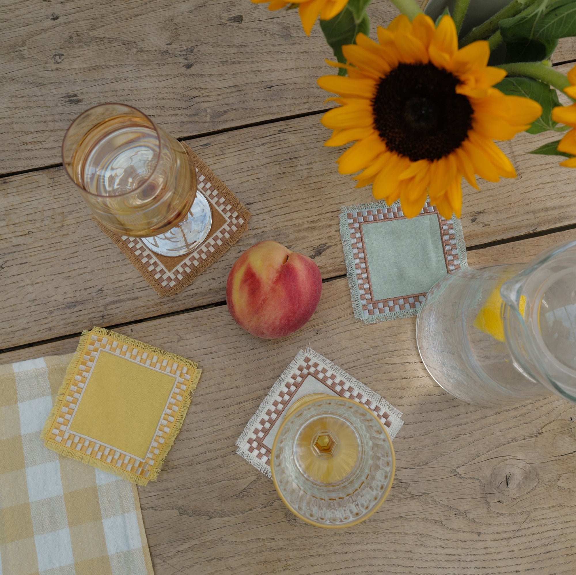 Yellow White Brown Teal Linen Coasters