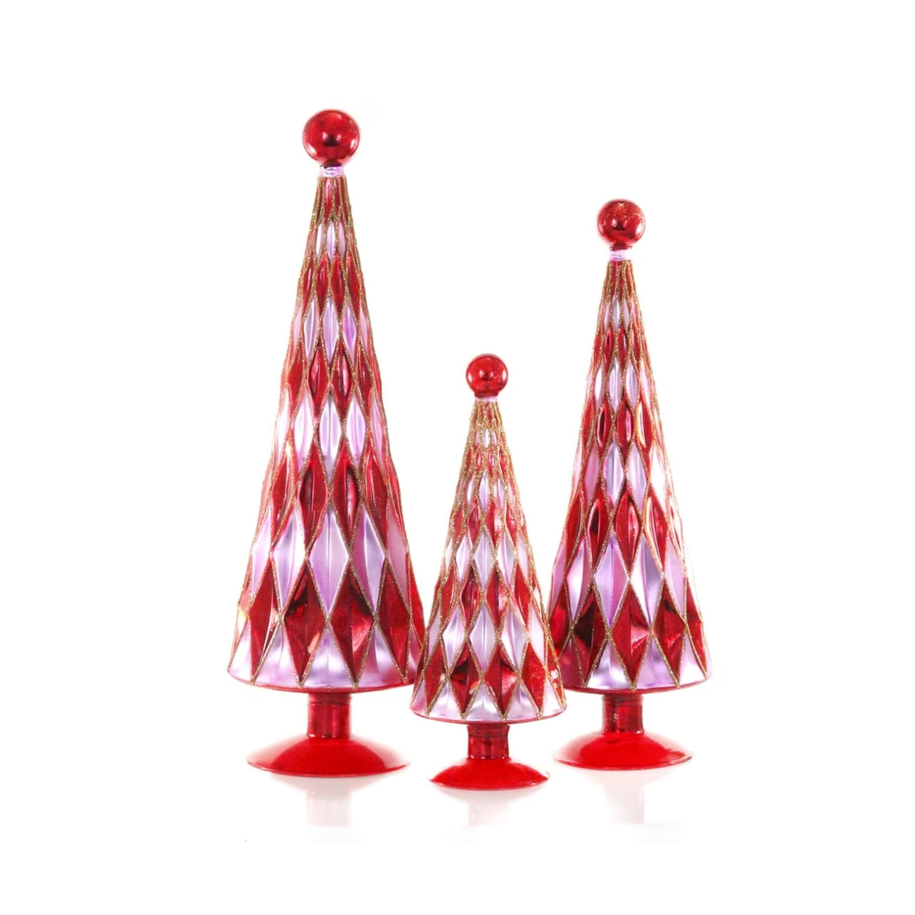 Mid‑Century Diamond Glass Trees – Red Lilac (Set of 3)