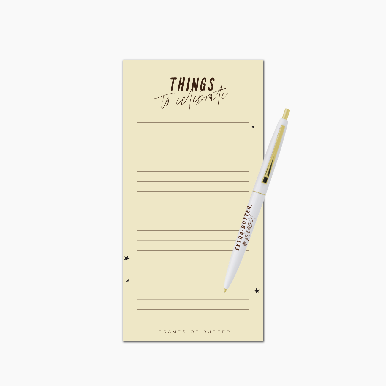 Things to celebrate Notepad + Extra Butter BIC Clic Gold Pen set