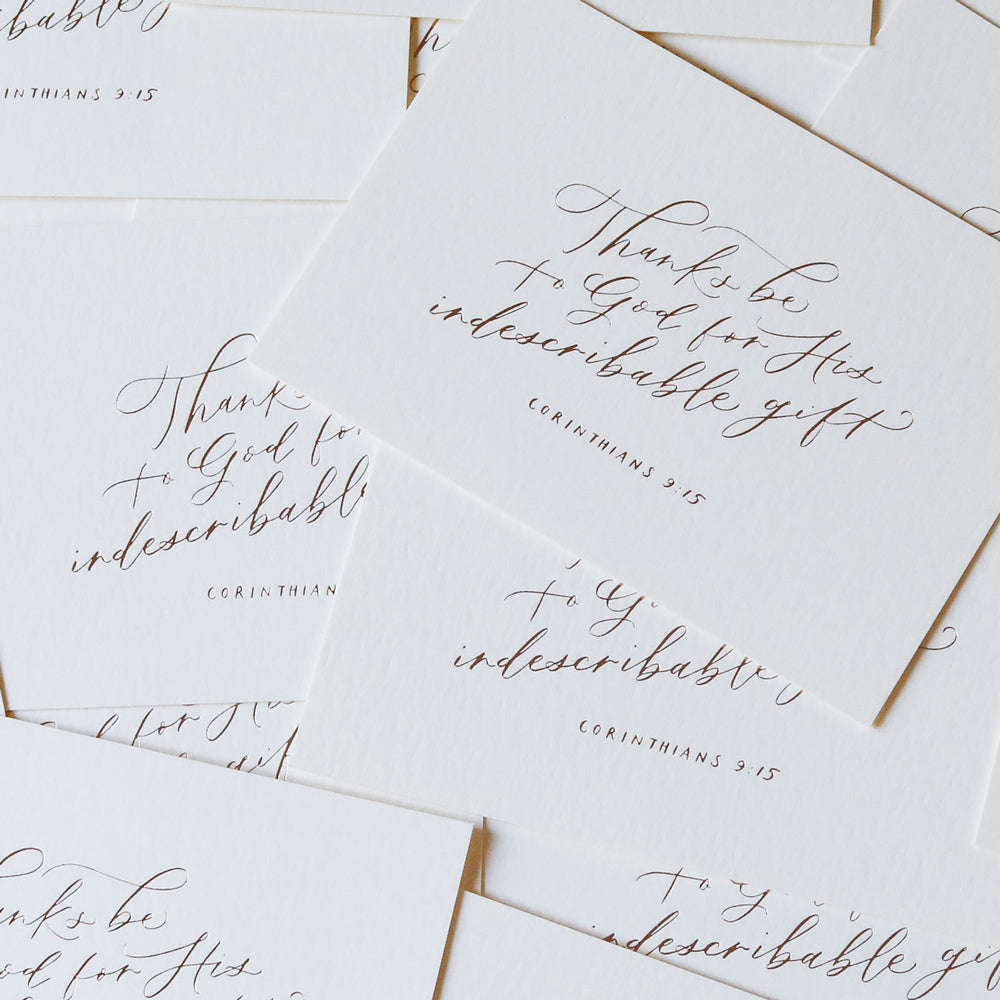 Thanks be to god for his indescribable gift holiday Christmas card gift yellow gold corinthians frames of butter script cursive handwritten