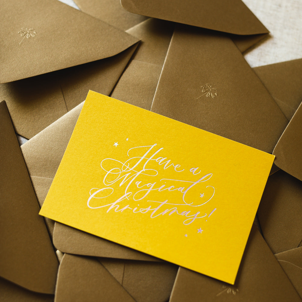 Holiday Christmas Tree Card Gift Happy Yellow Gold Frames of Butter Have a Magical script cursive handwritten