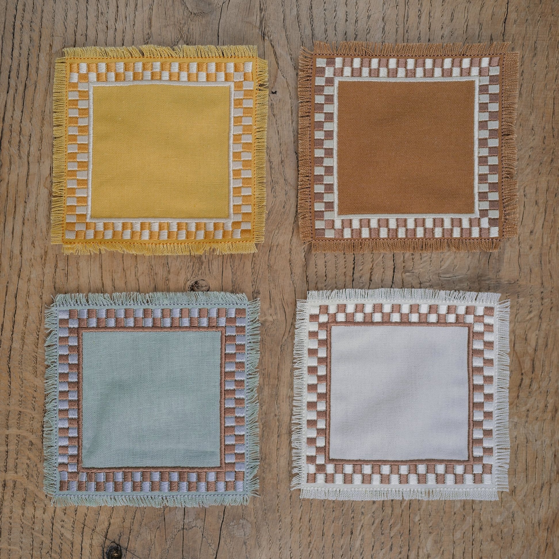 Yellow White Brown Teal Linen Coasters